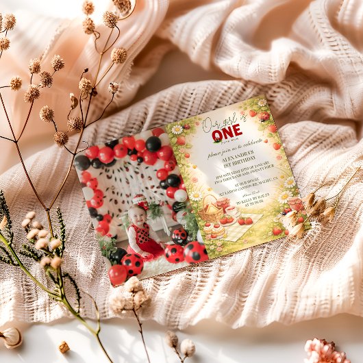 Invitation Photo Whimsical Meadow Lady Bug 1st Birthday