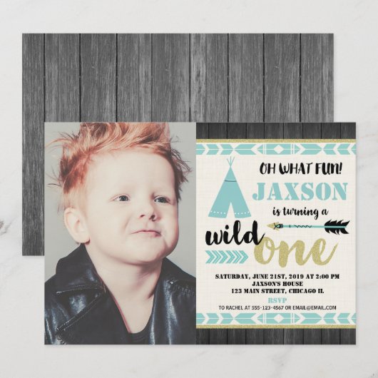 Invitation photo Wild One 1er anniversaire turquoi (Devant / Derrière)