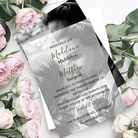 Invitation Photo x 2 Floral Mariage blanc rose or