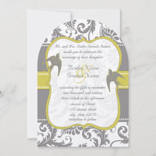 Invitation Photo Yellow & Grey Vintage Bird Mariage damassé (Devant)
