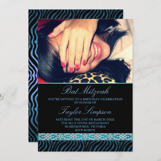 Invitation Photo Zebra Imprimer Bat mitzvah Anniversaire invi (Devant / Derrière)