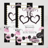 Invitation Photobooth de fête d'anniversaire Sweet 16 noir ro (Devant / Derrière)