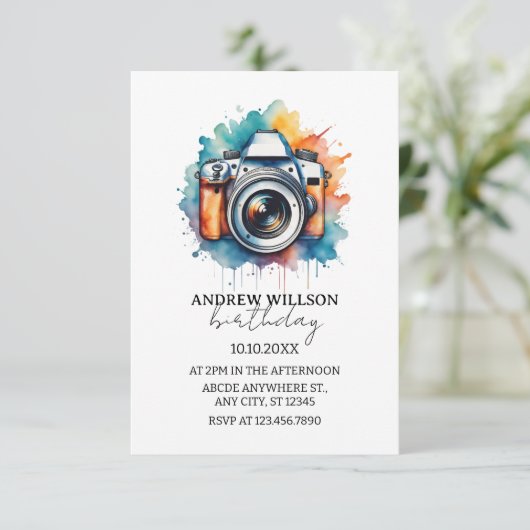 Invitation photographe caméra aquarelle ANNIVERSAIRE (Debout devant)