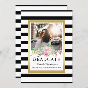 Invitation Photographie de Black Stripes Gold Floral Graduati