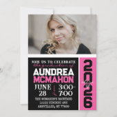 Invitation Photographie de graduation moderne rose noir et ch (Devant)
