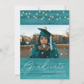 Invitation Photographie en bois bleu - Annonce de diplôme (Devant)