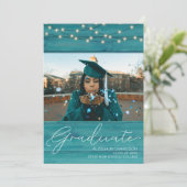 Invitation Photographie en bois bleu - Annonce de diplôme (Debout devant)