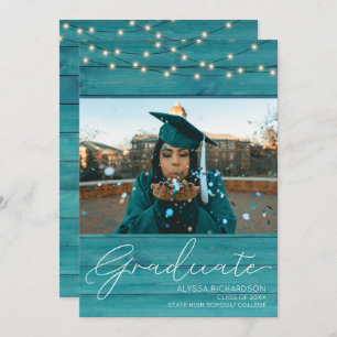 Invitation Photographie en bois bleu - Annonce de diplôme