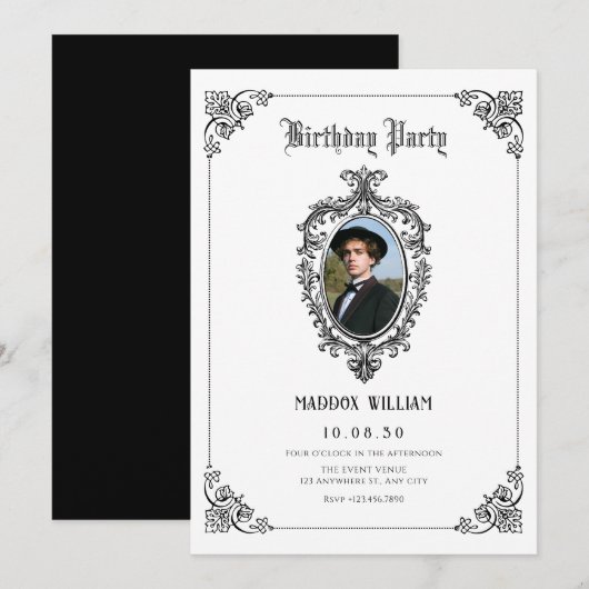 Invitation Photographie gothique classique noir et blanc anni (Devant / Derrière)