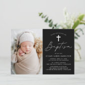 Invitation Photographie moderne en noir et blanc Baptême (Debout devant)