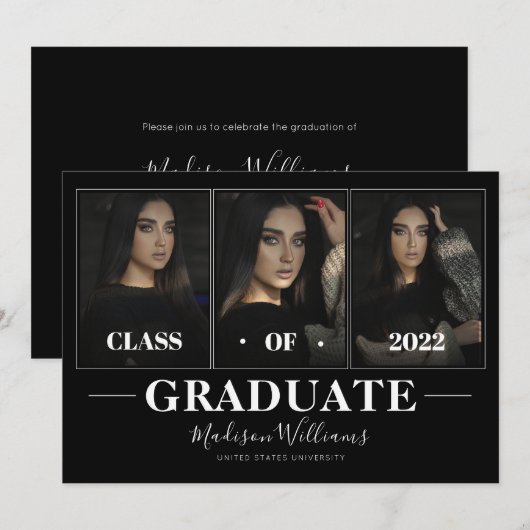 Invitation Photographie moderne noir élégant Collage Graduati (Devant / Derrière)