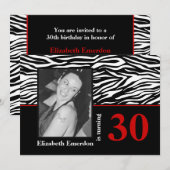 Invitation Photographie noir blanc rouge zèbre 30e anniversai (Devant / Derrière)