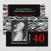 Invitation Photographie noir blanc rouge zèbre 40e anniversai (Devant / Derrière)