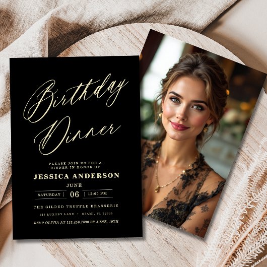 Invitation Photographie noir et or Anniversaire Dîner moderne