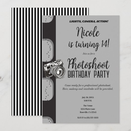 Invitation Photographie noir gris fête d'anniversaire (Devant / Derrière)