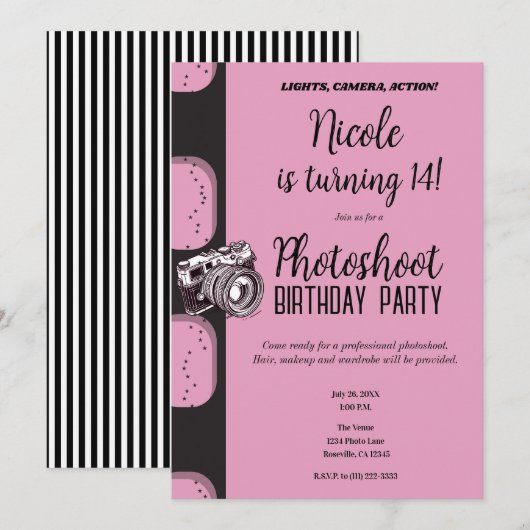 Invitation Photographie noir rose fête d'anniversaire (Devant / Derrière)
