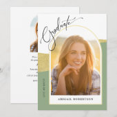 Invitation Photos Archées Sage Green & Gold Graduation Party (Devant / Derrière)