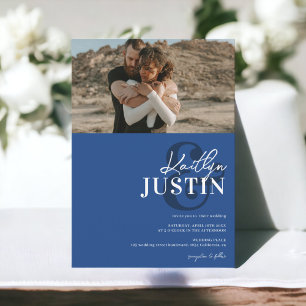 Invitation Photos bold names calligraphie chic mariage bleu