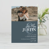 Invitation Photos bold noms calligraphie bleu poussiéreux mar (Debout devant)