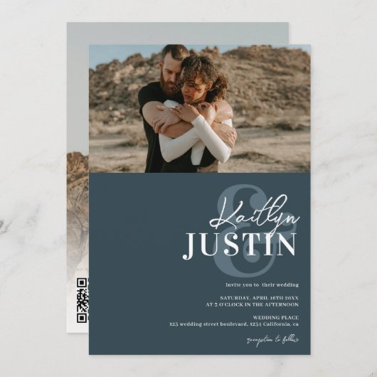 Invitation Photos bold noms calligraphie bleu poussiéreux mar (Devant / Derrière)