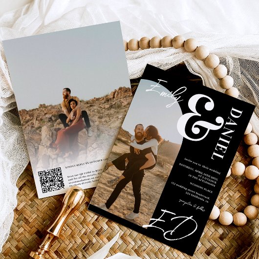 Invitation Photos caractères gras caractères arc noir mariage