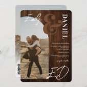 Invitation Photos caractères gras script arche bois brun mari (Devant / Derrière)