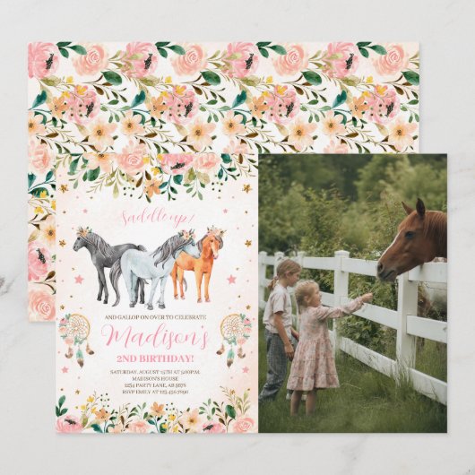 Invitation Photos d'anniversaire de Floral Horse (Devant / Derrière)