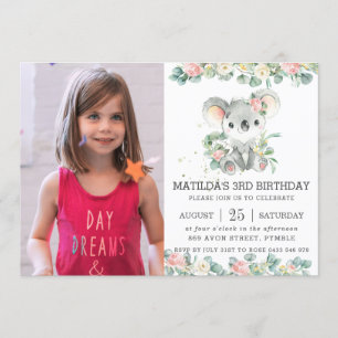 Invitation Photos d'anniversaire de l'Eucalyptus Koala Floral