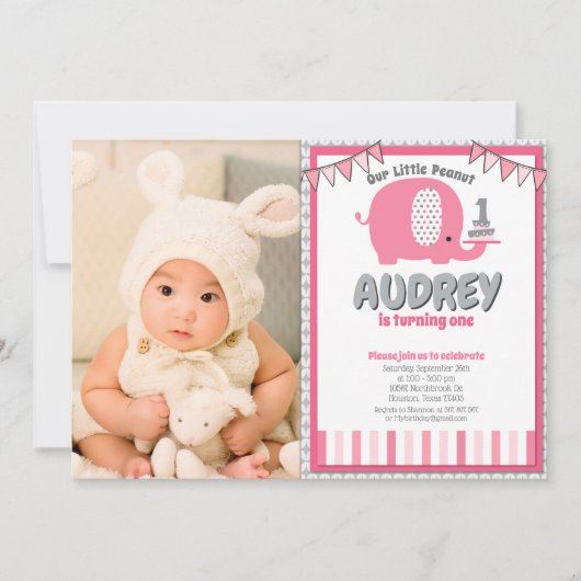 Invitation Photos d'anniversaire moderne rose Grey Baby Eleph (Devant)