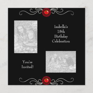 Invitation Photos de 18e anniversaire noir argent rouge ornem