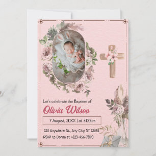 Invitation Photos de bébé rose floral moderne Collage Baptême