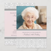 Invitation Photos de Gray Damask 90th Birthday Party Invitati (Devant / Derrière)