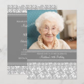 Invitation Photos de Gray Damask 90th Birthday Party Invitati (Devant / Derrière)
