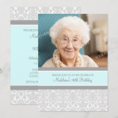 Invitation Photos de Gray Damask 90th Birthday Party Invitati (Devant / Derrière)
