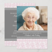 Invitation Photos de Gray Damask 90th Birthday Party Invitati (Devant / Derrière)