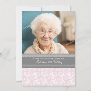 Invitation Photos de Gray Damask 90th Birthday Party Invitati