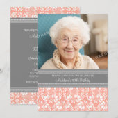 Invitation Photos de Gray Damask 90th Birthday Party Invitati (Devant / Derrière)