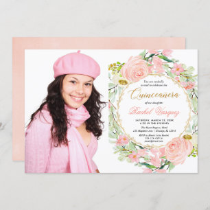 Invitation Photos de Quinceanera rose et dorée