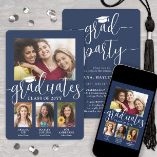 Invitation Photos de triple diplôme Marine & White Joint Part