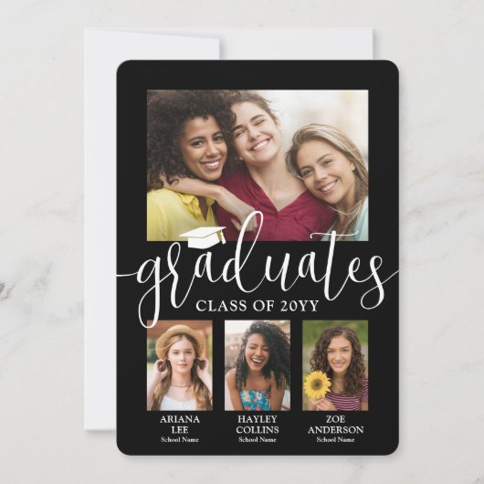 Invitation Photos de triple graduation Black & White Joint Pa (Devant)