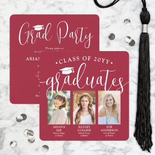 Invitation Photos de triple graduation Rouge et blanc Parti m
