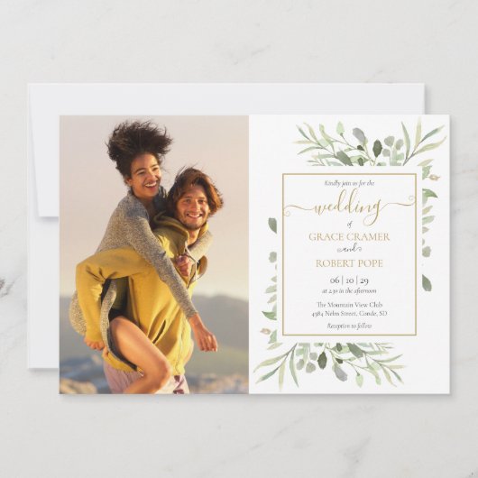 Invitation Photos de verdure botanique Mariage écriture dorée (Devant)