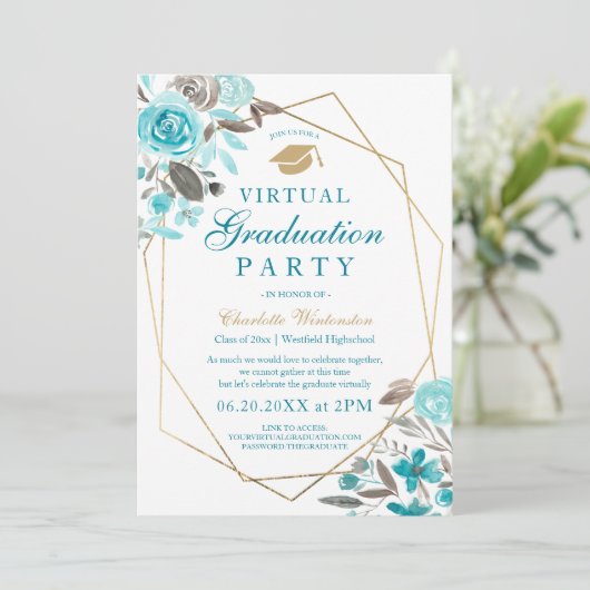 Invitation Photos d'images d'or floral bleu Virtual Graduatio (Debout devant)