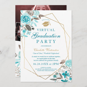 Invitation Photos d'images d'or floral bleu Virtual Graduatio