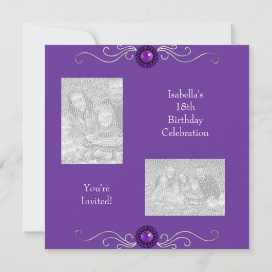 Invitation Photos du 18e anniversaire Bijou d'argent violet (Devant)