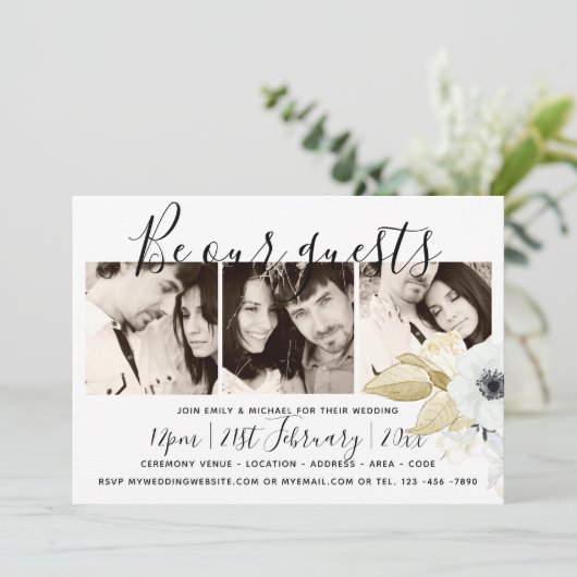 Invitation Photos en acier bleu x 3 Mariage manuscrit moderne (Debout devant)