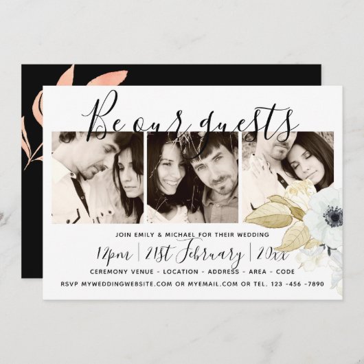 Invitation Photos en acier bleu x 3 Mariage manuscrit moderne (Devant / Derrière)