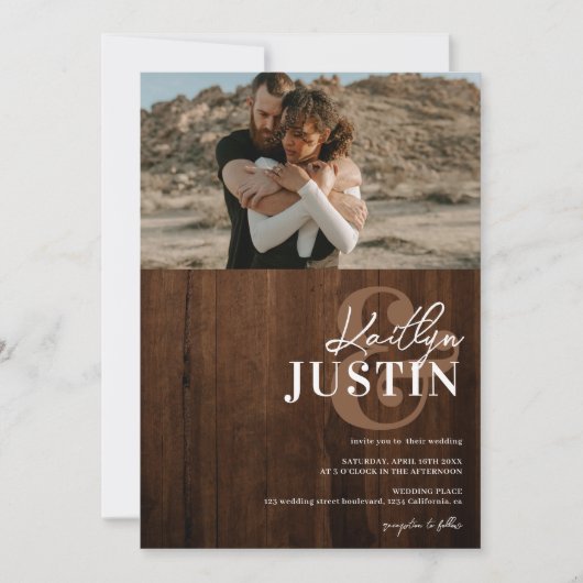 Invitation Photos en gras calligraphie mariage en bois rustiq (Devant)