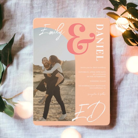 Invitation Photos en gras noms script arch saumon mariage de