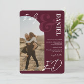 Invitation Photos en gras noms script arche bordeaux mariage (Debout devant)